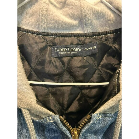 VTG Faded Glory XL Denim Jacket With Gray Hood Quilted Lining Button Cuffs Zip F - Picture 2 of 5